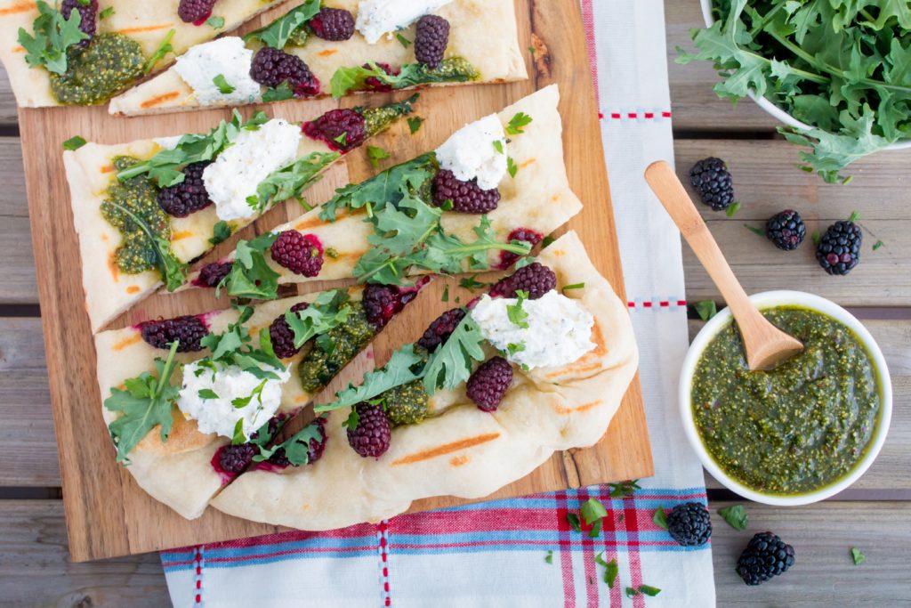grilled blackberry-ricotta pizza with pumpkin Seed Pesto