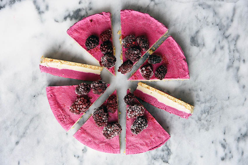 vegan blackberry raspberry layered cheesecake
