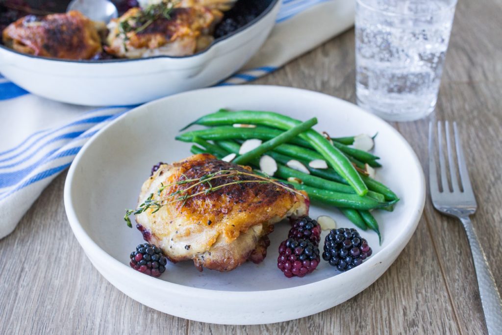 pan roasted chicken thighs with blackberries and thyme