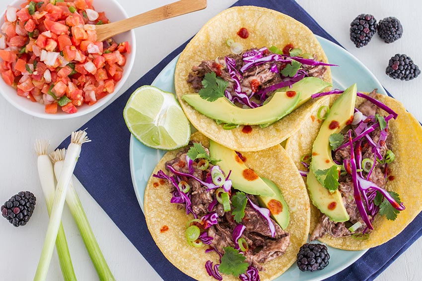 pulled chicken tacos with blackberry mole
