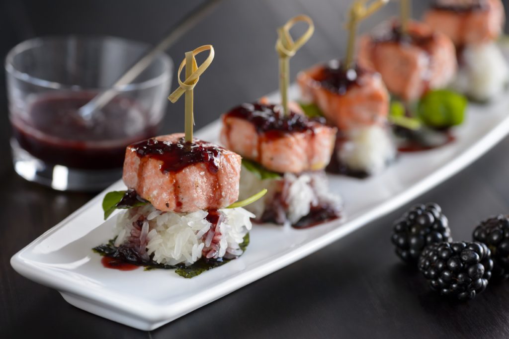 saucy salmon bites with blackberry soy sauce